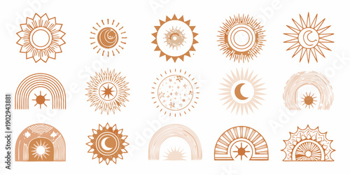 Collection of abstract sun moon and rainbow illustrations in terracotta tones