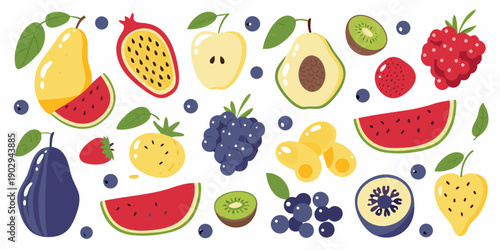 Colorful arrangement of various sliced and whole fruits on a white background