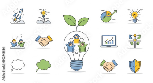 Collection of business and innovation icons in doodle style.