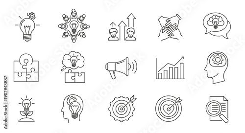 Collection of business and innovation icons in sketch style.