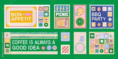 Colorful postage stamps featuring food coffee and celebratory messages