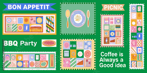 A colorful collage of vintage style food and picnic themed postage stamps