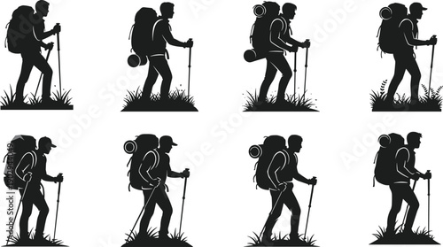Black silhouettes of hikers with backpacks and trekking poles on grass
