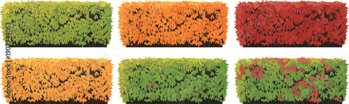 Colorful garden hedge collection with green orange and red bushes, decorative shrub borders for landscaping design, seasonal foliage textures isolated on white background, flat vector illustration