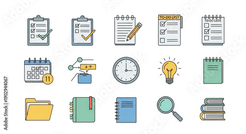 Collection of business and planning icons for organization and productivity.