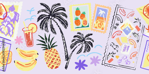 Tropical fruit and palm tree illustrations on a pastel purple background