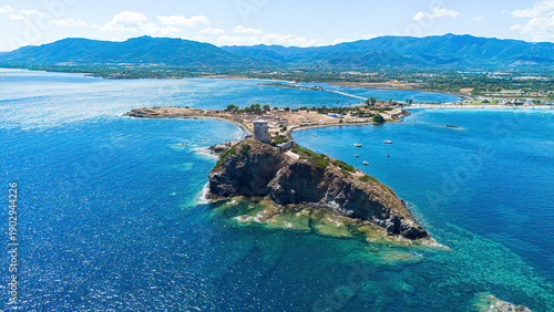 Fotografie Aerial view of Nora archaeological site and Coltellazzo tower on Pula Cape in So