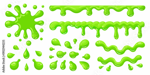 Bright green slime drips and splatters isolated on a white background
