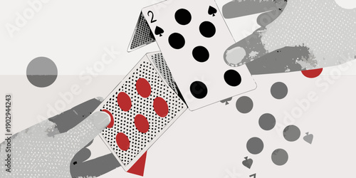 A hand manipulating playing cards with scattered circular elements