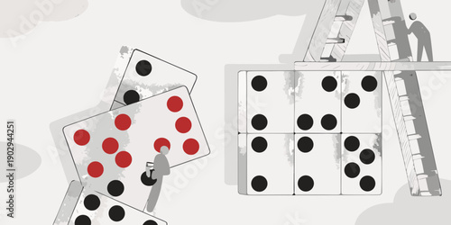 Falling dominoes and a ladder representing risk and opportunity