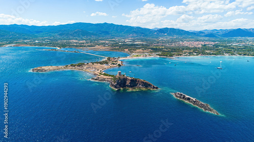 Fényképezés Aerial view of Nora archaeological site and Coltellazzo tower on Pula Cape in So