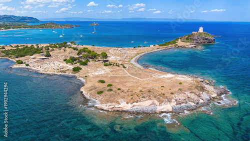 Photos Aerial view of Nora archaeological site and Coltellazzo tower on Pula Cape in So