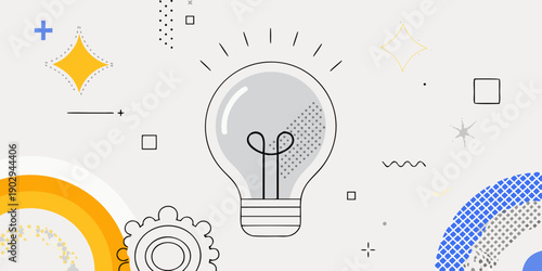 Creative idea concept with a glowing lightbulb and abstract shapes