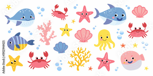 Colorful cartoon illustration featuring various adorable sea creatures and marine life