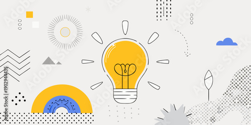 A bright yellow lightbulb amidst abstract shapes and design elements