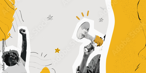 A raised fist and megaphone symbolize protest and advocacy for change