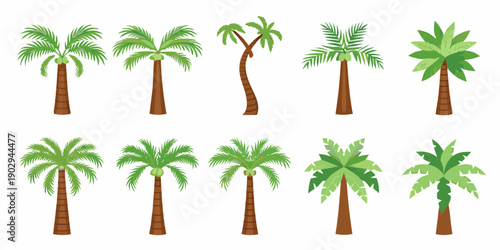 Collection of colorful cartoon palm trees in varying shapes and sizes