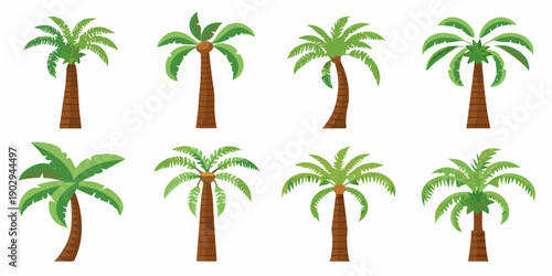 Collection of colorful cartoon palm trees in various shapes and sizes