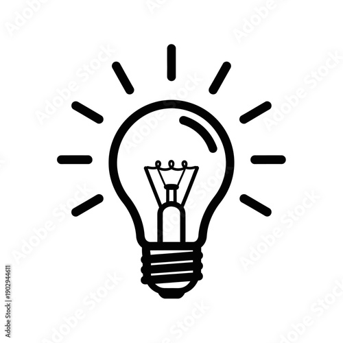 A simple black and white line drawing of a lit incandescent light bulb with radiating lines.