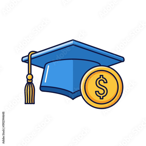 A blue graduation cap is shown next to a gold coin with a dollar sign, symbolizing educational costs and financial aid.