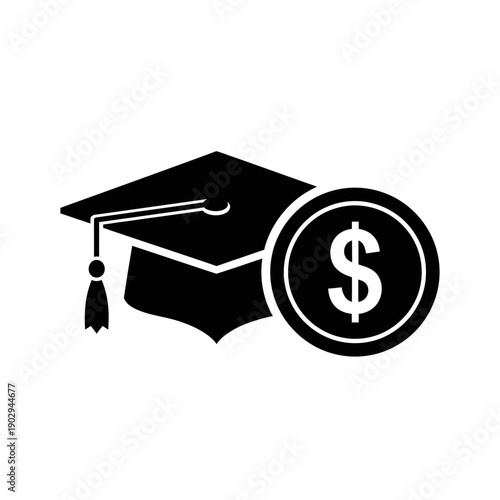 A graduation cap is shown next to a coin with a dollar sign, symbolizing educational costs and financial aid.