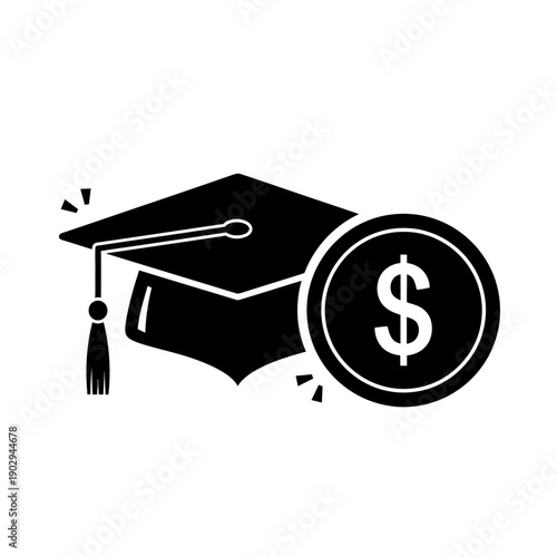 Illustration of a graduation cap next to a coin with a dollar sign, symbolizing educational funding and financial aid.