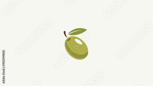 Minimalist green olive illustration with leaf and stem on light background simple vector art