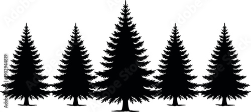 Row of five black pine tree silhouettes with a large central spruce, symmetrical forest landscape design isolated on white background.
