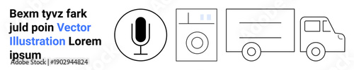 Audio recording, home appliances, delivery, logistics, communication, digital services. Black and white icons of a microphone, washing machine and delivery truck. Audio recording and home appliances