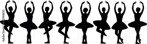 Row of eight black ballet dancer silhouettes wearing tutus in graceful classical poses, performing together isolated on white background, dance.