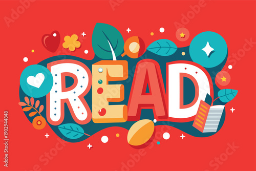 Vibrant READ sign with colorful leaves and icons on red background