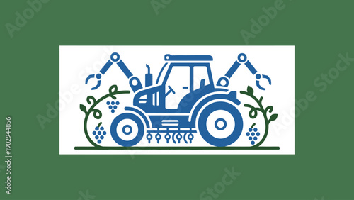 Advanced agricultural technology featuring a tractor with robotic arms managing grapevines for