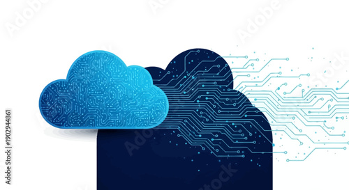Digital cloud computing concept with integrated circuit board patterns symbolizing data flow and connectivity.
