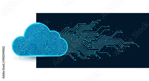 A digital cloud icon connected to a network of glowing blue circuit board lines against a dark background.