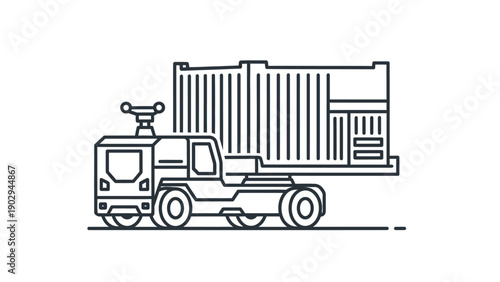 Outline illustration of a cargo truck towing a large shipping container for global logistics and