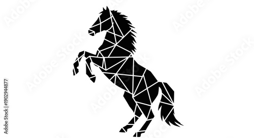 A striking black geometric horse silhouette rearing up on its hind legs against a white background.
