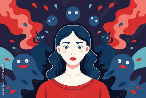 Woman overwhelmed by anxious thoughts and emotions in a surreal scene