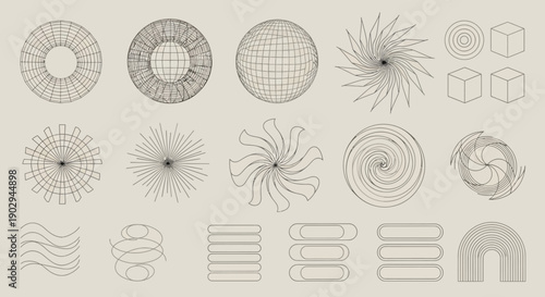 A collection of abstract geometric wireframe shapes and forms on a beige background, including spheres, cubes, and intricate circular designs.