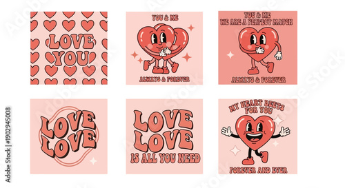 A collection of six retro-style Valentine's Day themed illustrations featuring hearts with faces and romantic phrases.