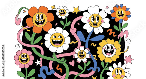 A vibrant and whimsical illustration featuring a collection of anthropomorphic flowers with cartoonish faces and bright, bold colors against a black background.