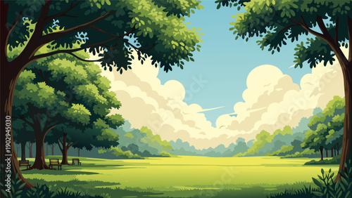 Serene landscape scene with trees, grass, and clouds, a tranquil vector illustration of nature, inspired by 228.eps