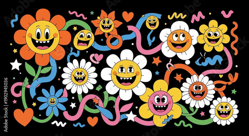 A vibrant and whimsical illustration featuring a collection of cartoonish flowers with expressive faces, set against a black background with colorful wavy lines and abstract shapes.