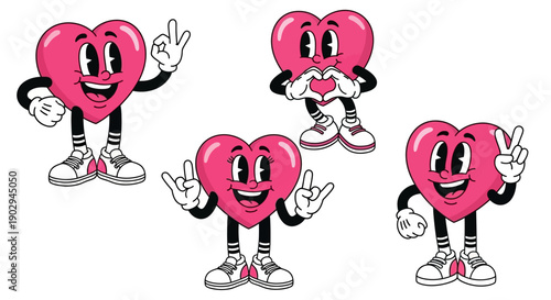 A collection of four cartoon heart characters in various poses, each with a smiling face and black limbs.