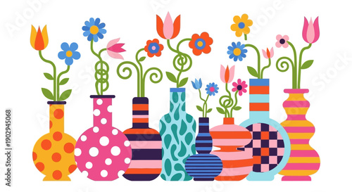 A vibrant collection of colorful vases filled with whimsical, stylized flowers in various patterns and shapes.