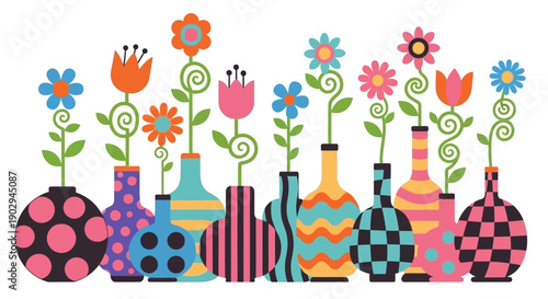 A vibrant collection of whimsical vases with colorful, stylized flowers blooming from each one.