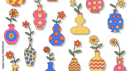 A collection of colorful, retro-style cartoon vases with simple flowers, featuring various shapes and polka dot or striped patterns.