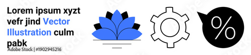 Abstract flower motif, gear symbol, and percentage icon. Ideal for business, technology, innovation, finance, branding, marketing simple landing page