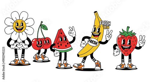 Retro cartoon characters of a daisy, cherries, watermelon, banana, and strawberry with smiling faces and limbs, in a vintage animation style.