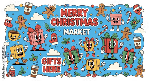 A vibrant and whimsical illustration of a Merry Christmas Market featuring anthropomorphic gift boxes, gingerbread men, and festive holiday elements on a bright blue background.