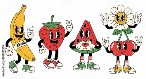 A vibrant and whimsical illustration featuring anthropomorphic fruits and a flower character in a retro cartoon style.